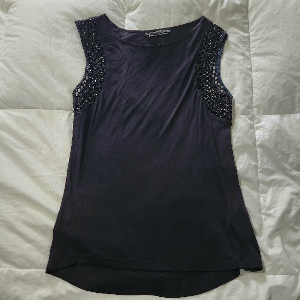 All Saints Tank Womens 8 Black Sequin Hand Embellished Top Sleeveless